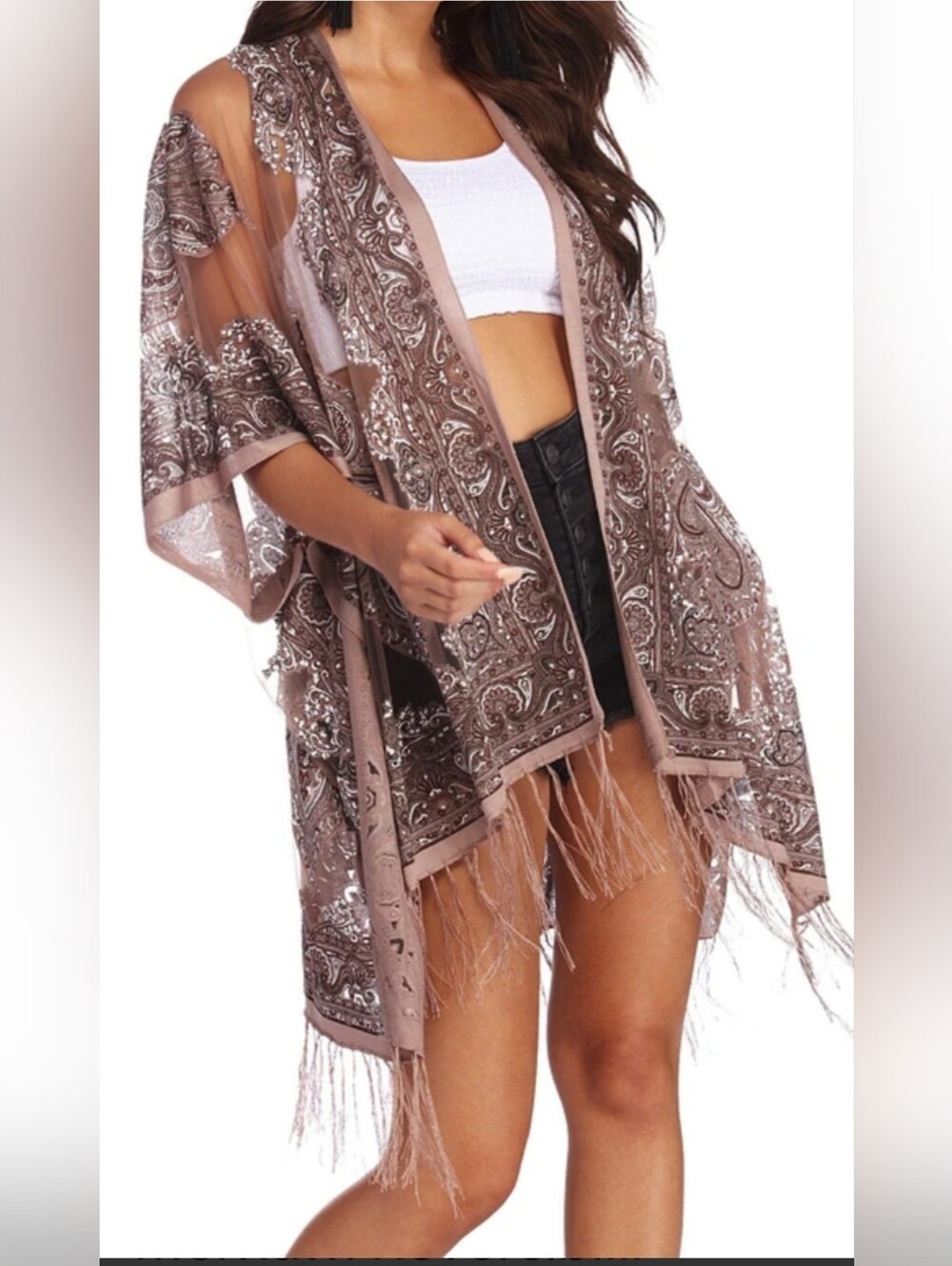 Pretty Persuasions Taupe Paisley Fringe Kimono Wrap
